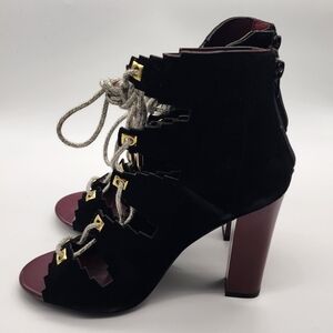 Shoe Republic LA Black and Burgundy Lace-Up Heels